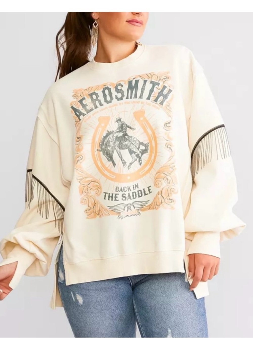 Aerosmith Fringe Band Pullover
Sweatshirt Oversized Horse
Western Cream Sz Large